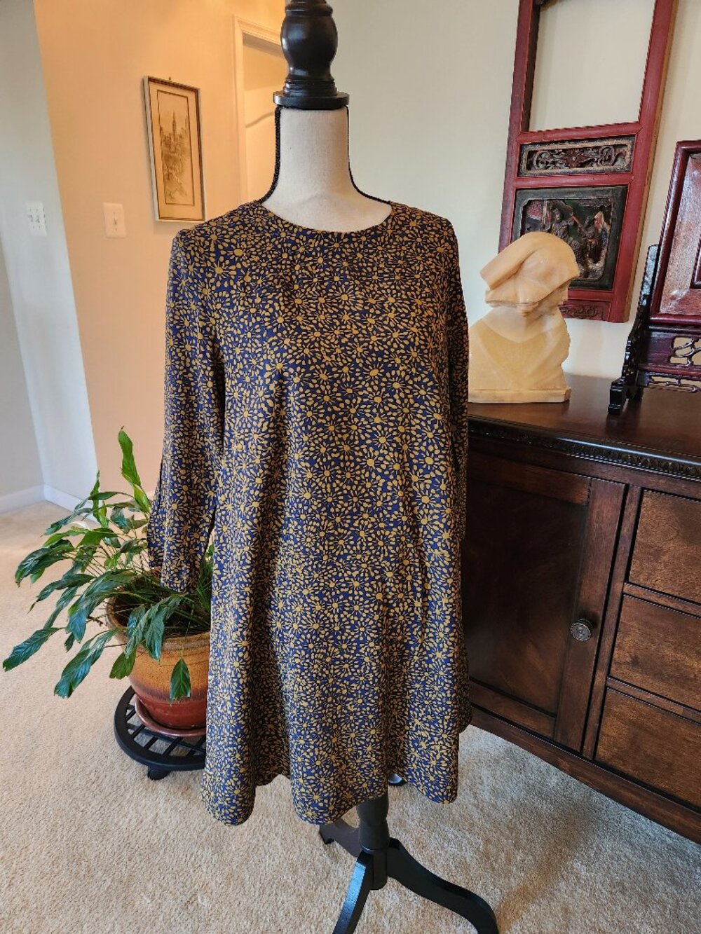 H&M Floral Dress Size 8 Navy Mustard Long Sleeve Babydoll Dress